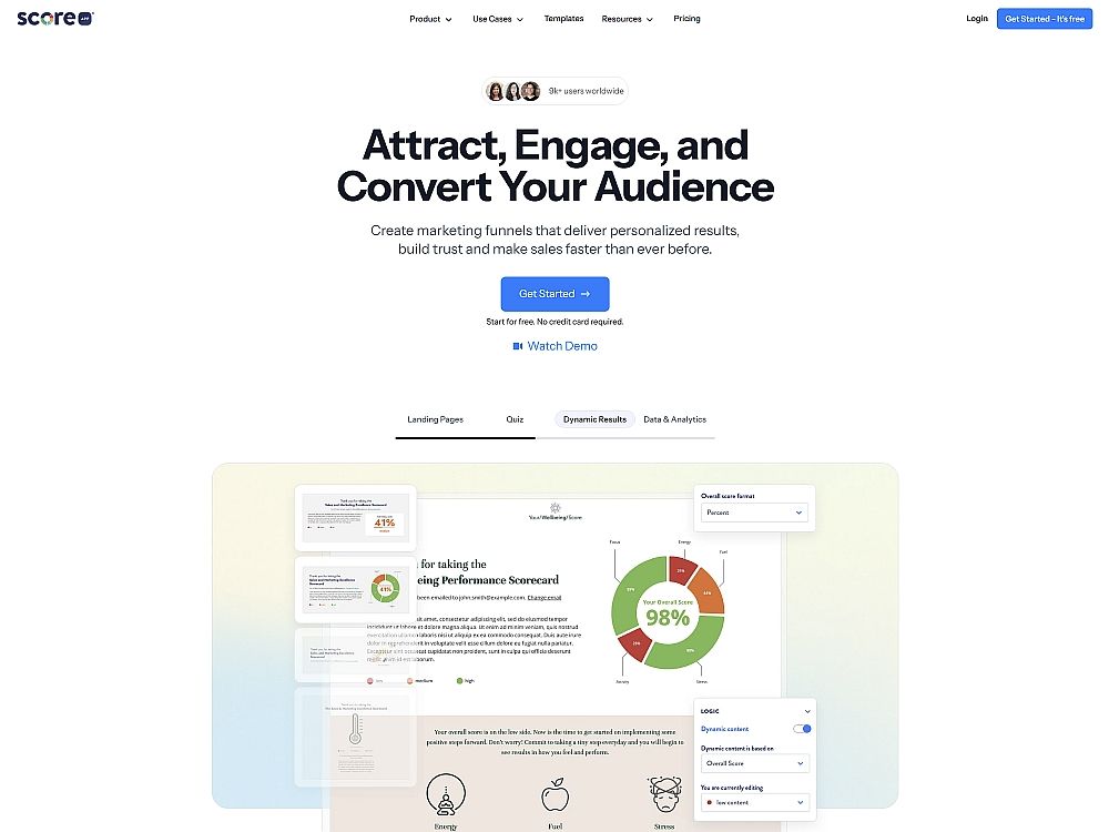 Screenshot of ScoreApp homepage showing a marketing funnel platform for quizzes, landing pages, and analytics tools. One of the business tools I use at Nadja Gujer.