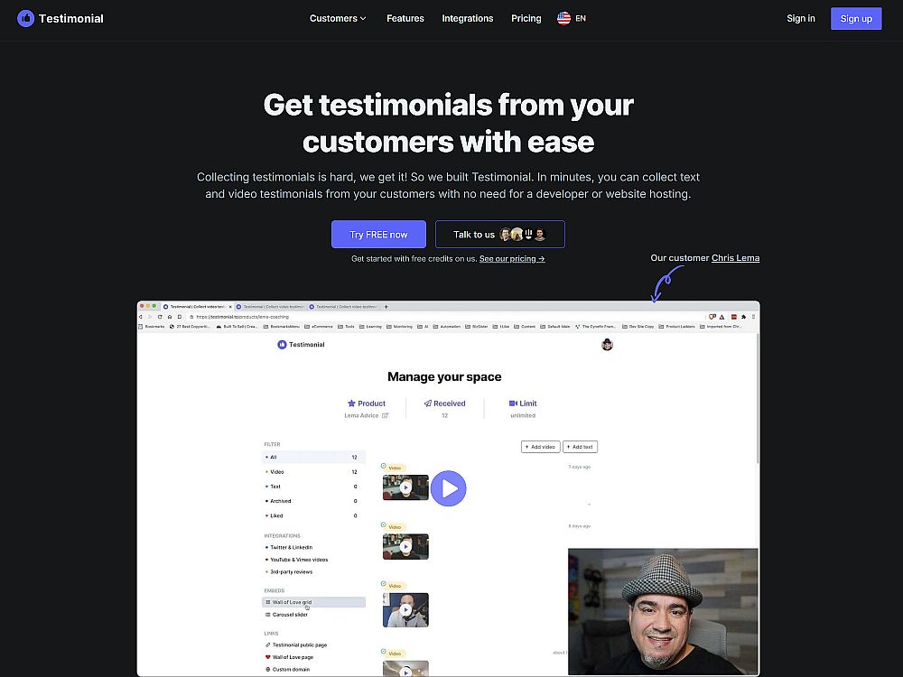 Screenshot of testimonial.io dashboard with video feedback interface. One of the business tools I use at Nadja Gujer.